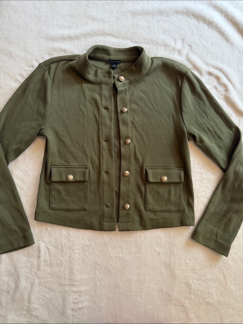 Ann Taylor Olive Green Button-Front Knit Blazer gold buttons